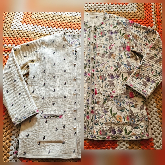 Vintage Jackets & Blazers - Vintage Reversible Quilted Floral Cream Off-White Light Asian Tang Style Jacket